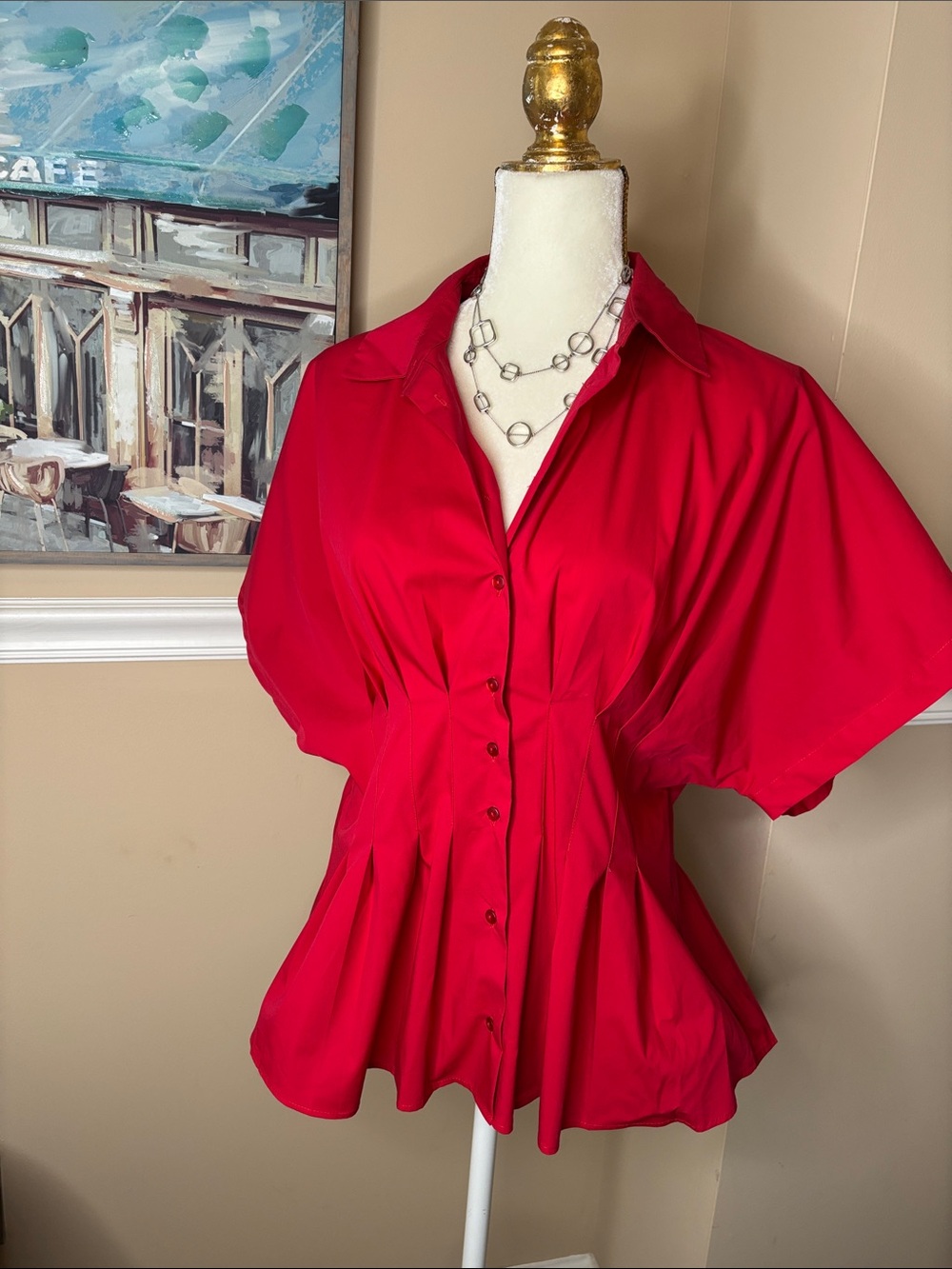 Women's Red Button-Front Peplum Blouse